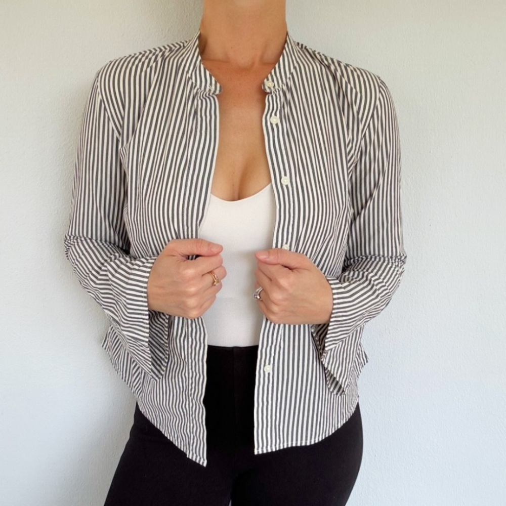 Simply Styled Petites gray white stripe banded collar button down shirt small